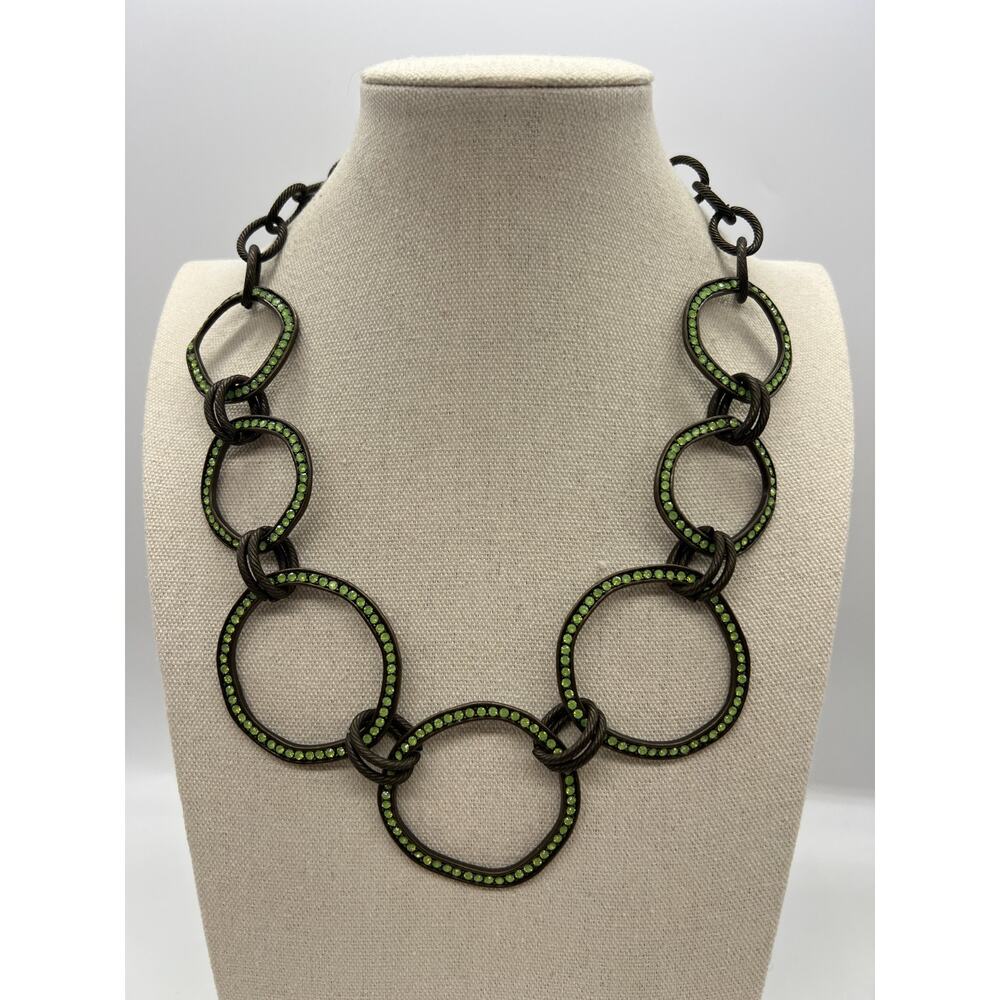 Y2K Chunky Gunmetal Link Necklace Neon Green Glow Rhinestone 22-24.5" Dark Metal